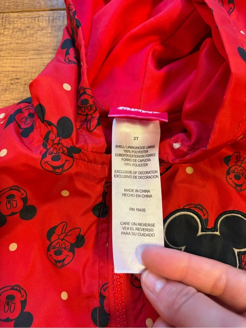 Disney Junior Minnie Mouse Rain Jacket Girls Sz 2T Red Hooded Zip Ears Gold Bow